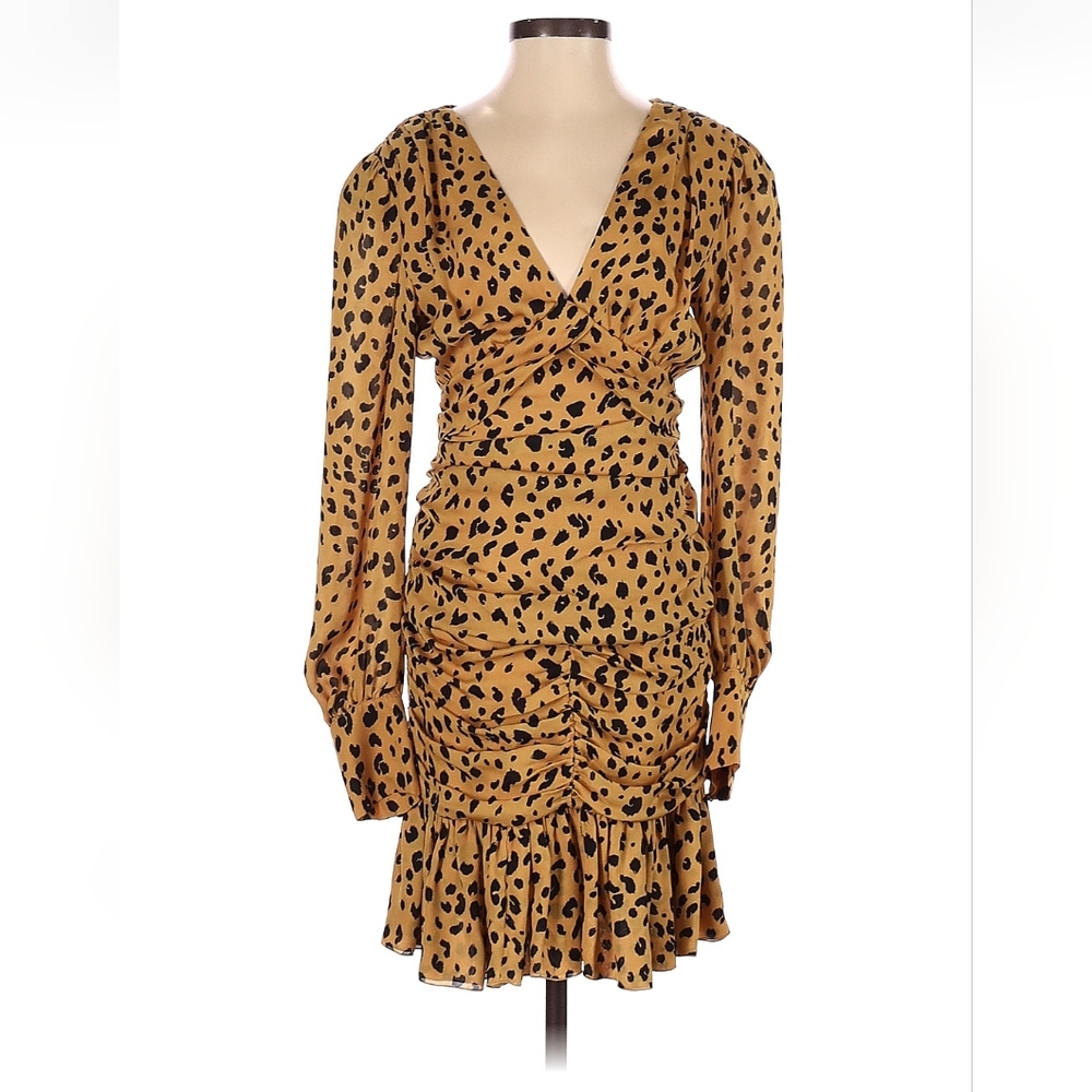 Nicholas Leopard Silk Cocktail Midi Dress Size 0 Long Sleeve V Neck